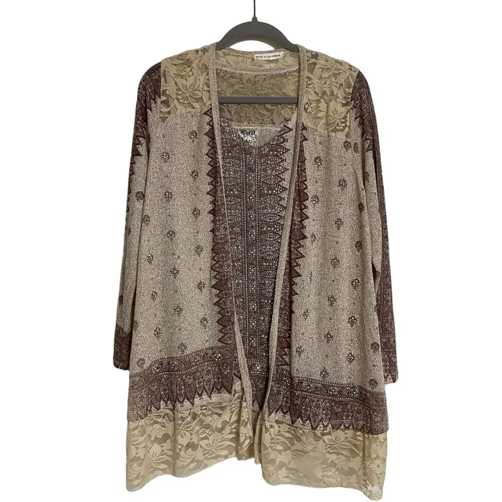 Vocal Two Piece Open Cardigan Sleeveless Tank Shell‎ Womens M Lace Embellished
